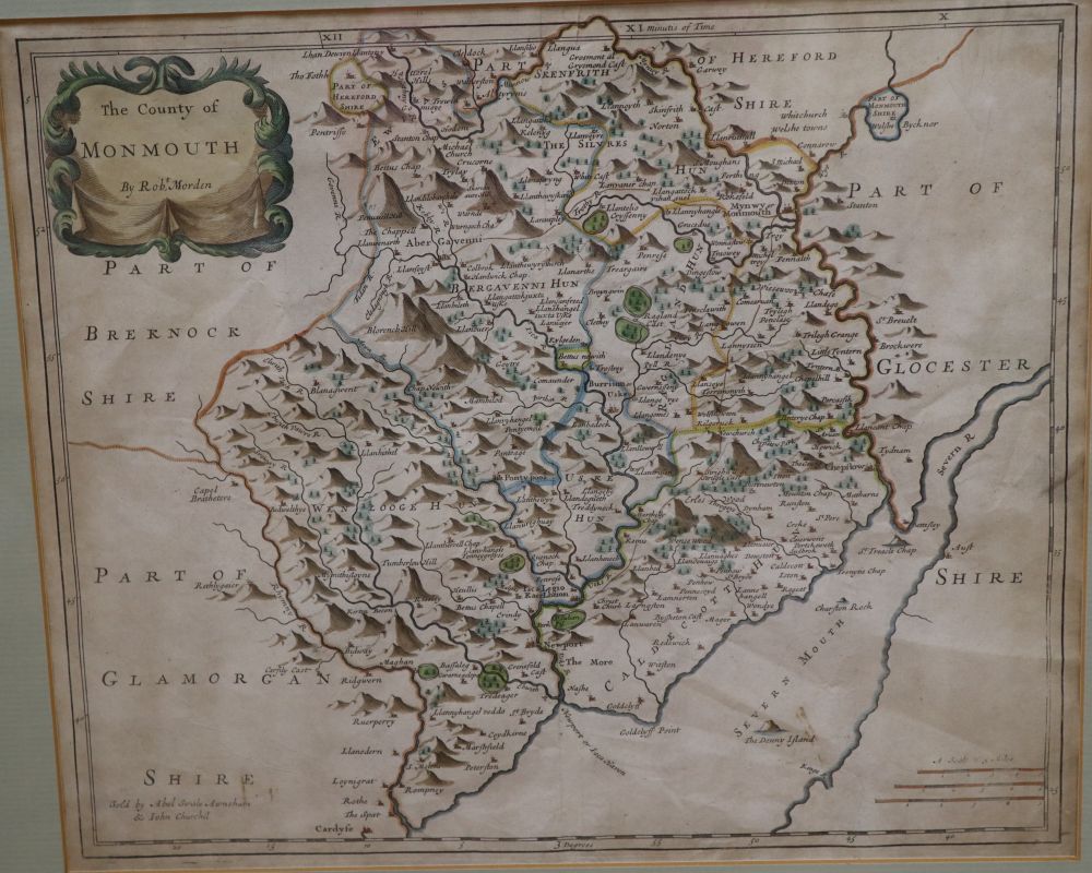 Robert Morden, coloured engraving, Map of the County of Monmouth, 36 x 42.5cm